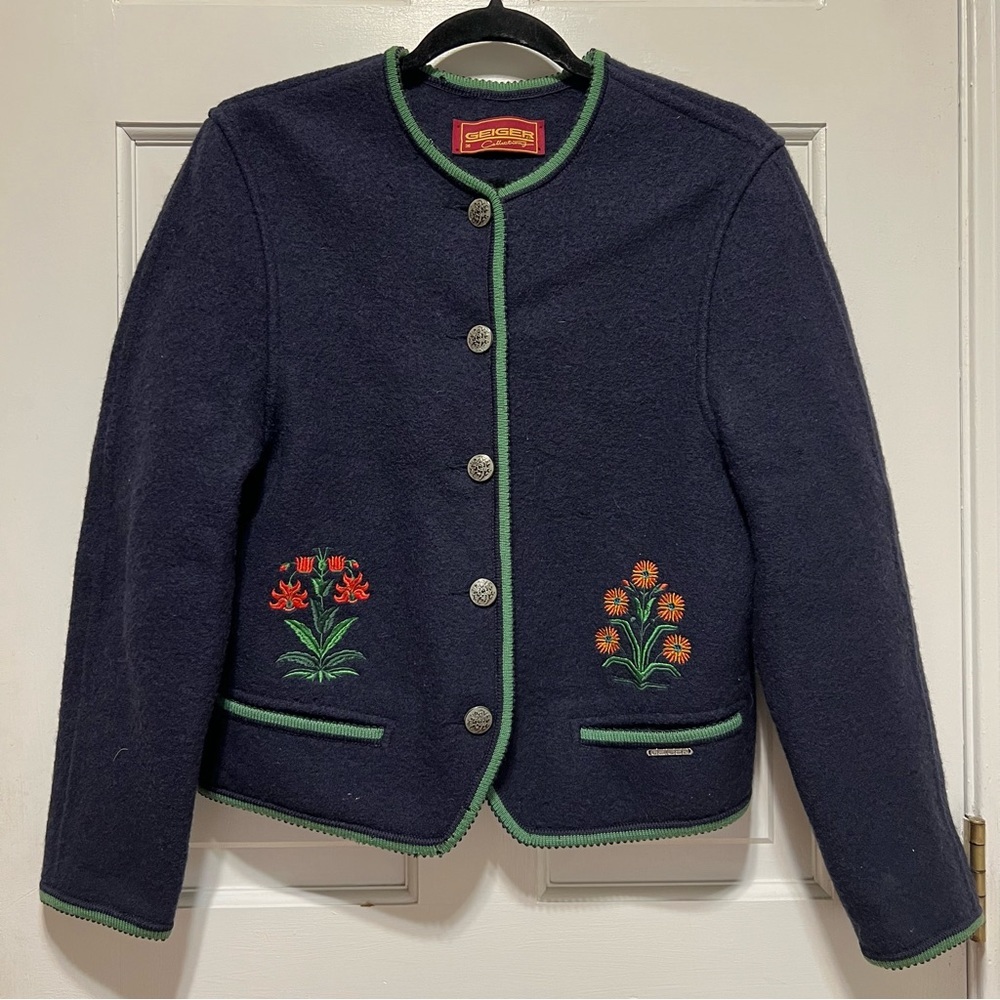 GEIGER Collections Vintage 90s Austrian Wool Cardigan Flower Print Size 36 Rare